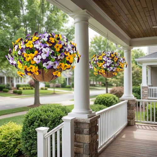 2 Set Artificial Outdoor Pansy Flowers with Hanging Baskets, 2 Hanging Baskets with 24 Pcs Silk Flowers for Spring Easter Decorations Porch Patio Home Decor (2, Purple, Yellow, White, Light Purple) - color: Purple, Yellow, White, Light Purple