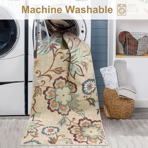 Beeiva Floral Washable 3x5 Area Rugs, Paisley Non Slip Rugs for Bedroom, Throw Ultra Thin Beige Carpet Entryway Carpets with Rubber Backing for Bathroom Kitchen Office - color: Cream, size: 3' x 5' (Rectangular)