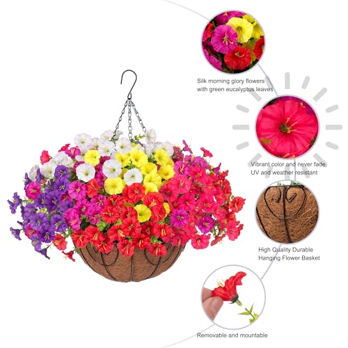 Artificial Faux Hanging Flowers Plants Basket for Outdoors, Silk Morning Glory with Eucalyptus in Planter Look Real UV Resistant Fake Flowers for Porch Outside Patio Balcony Yard Indoor Summer Decor - color: Multi-color (6 Colors)