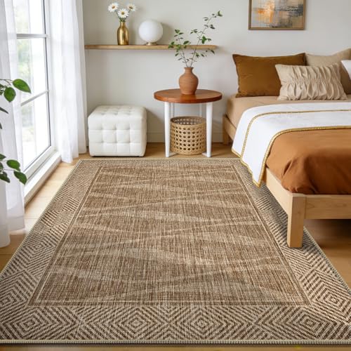 Jute Rug 5x7 Outdoor Patio Rug with Border, Washable Rugs for Living Room, Farmhouse Non Slip Area Rugs with Rubber Backing Indoor Outdoor, Non Shedding Carpet for Bedroom, Courtyard, Light Brown - color: Light Brown, size: 5'x7'