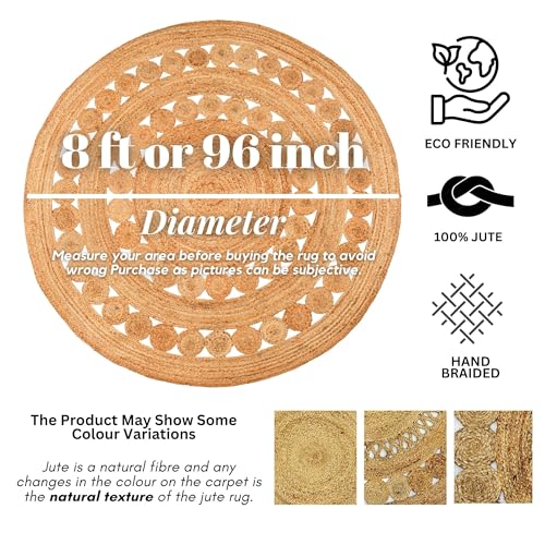 Hand Woven Jute Area Rug - 8' Round - Rustic Beige Reversible Farmhouse Rugs for Bedroom, Kitchen, Living Room - Vintage Natural Braided Entry Floor Décor Circle Boho Round Rugs 8ft - color: Natural, size: 8' (Round)