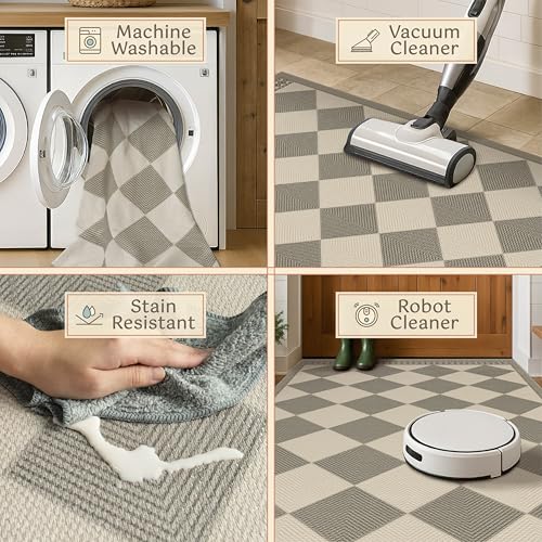 Gray and Cream Checkered Easy Jute 3x5 Outside Area Rug Outdoor Porch Decor, Entryway Rugs Indoor Diamond Geometric Pattern Mat, Patio, Backyard or Entry, Boho Farmhouse Style Washable Non Skid Mat - color: Beige Gray, size: 3' x 5' (Rectangular)