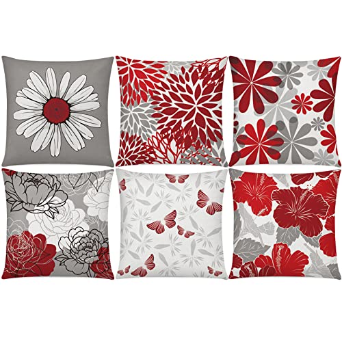 COMMINY Red Grey Pillow Covers 18x18 Set of 6 Decorative Burgundy Daisy Throw Pillow Cover for Couch Modern Farmhouse Cushion Pillow Case for Living Room Patio Home Decor - color: Red Grey Daisy, size: 18" x 18" (Pack of 6)