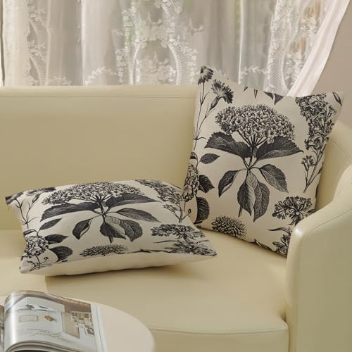Black Pillow Covers 16x16 Inch 2 Pcs Boho Vintage Floral Decor Throw Pillows Hydrangea Flower Seasonal Outdoor Farmhouse Neutral Accent Decoration Pillowcase Linen Cushion Cover for Couch - color: Boho Black Hydrangea, size: 16" x 16" (Pack of 2)
