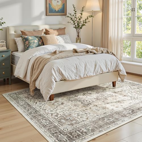 5x7 Neutral Camel Farmhouse Bedroom Rug - Vintage Traditional Oriental Brown Area Rugs for Living Room, Nursery Room, Washable Boho Distressed Floral Non-Slip Rug Low Pile Stain Resistant - color: Camel, size: 5' x 7' (Rectangular)