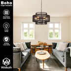 23.6" Black Rattan Chandelier, 6-Light Hand-Woven Boho Light Fixture, 3-Tier Drum Wicker Chandelier for Dining Room, Bedroom, Kitchen Island, Foyer - color: black 23.6"