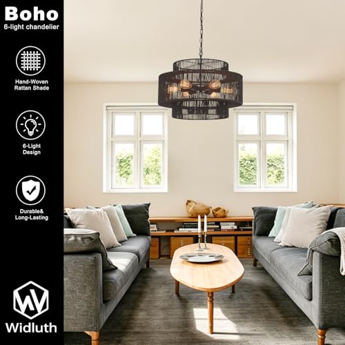 23.6" Black Rattan Chandelier, 6-Light Hand-Woven Boho Light Fixture, 3-Tier Drum Wicker Chandelier for Dining Room, Bedroom, Kitchen Island, Foyer - color: black 23.6"