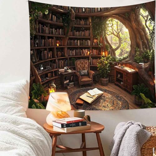 Richldeas Forest Bookshelf Tapestry Tree Bookshelf Wall Tapestry Window Tapestries Wall Hanging Posters for a Windowless Office RITAYW366 - color: Yellow-3, size: Customsize