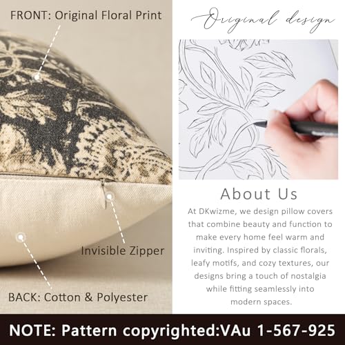 Vintage Floral Print Throw Pillow Covers 18x18 Set of 2 Neutral Modern Farmhouse Pillowcases Accent Decorative Cushion Covers Boho Home Decor for Couch Sofa Chair Bed Living Room, Black - color: Black, size: 18" x 18" (Pack of 2)