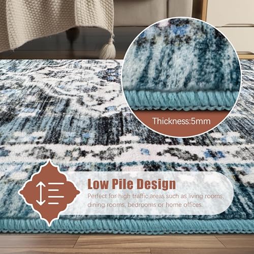 YARNSCAPE 3' x 5 ' Washable Area Rug - Low Pile Soft Vintage Indoor Rug for Living, Dining or Bedroom - Lightweight Carpet with Non-Slip Backing - Foldable for Easy Placement, Ocean Blue - color: Trellis-ocean Blue, size: 3' x 5' (Rectangular)