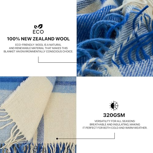 New Zealand Virgin Wool Throw Blanket, Indoor and Outdoor Blankets and Throws, Comfortable Soft Blanket with Fringes and Tartan Pattern, 67 x 79 in, Queen Size, Blue and White - color: Blue and White