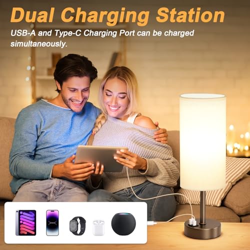 Dicoool Bedside Touch Table Lamps for Bedroom Nightstand with USB-C USB-A Charging Ports, White & Brown 3 Way Dimmable Small Desk Lamp for Office, Living Room, Reading, Dorm - color: White-Brown, size: 14in