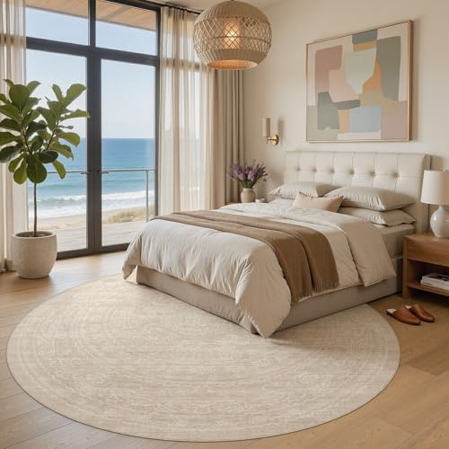 8ft Round Rug Living Room: Washable Large Vintage Neutral Area Rug Non-Slip Soft Stain Resistant Indoor Carpet for Bedroom Nursery Dining Room Under Table Bed Home House Office Playroom - Beige - color: Beige, size: 8' (Round)
