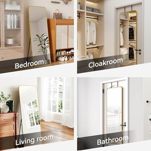 SCWF-GZ 57x20 Full Length Mirror Over The Door Hanging, Floor Stand/Wall Mounted Aluminum Alloy Frame Dressing Mirror for Bedroom Living Room 57 inch Gold - color: Gold, size: 57"L x 20"W