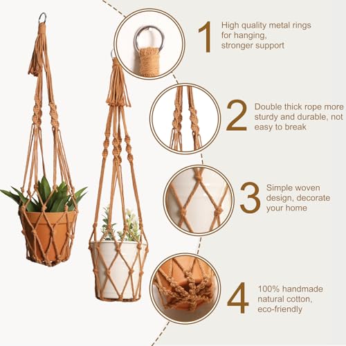 Artilady Macrame Hanging Planter for Indoor Plants, Boho Woven Plant Hanger Large Hanging Flower Pot Holders Outdoor Baskets Storage No Tassels Brown Wall Decor (Latte Brown-2pcs) - color: Latte Brown-2pcs