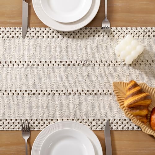 Socomi Boho Table Runner Summer Farmhouse Woven Cotton Linen Rustic Coffee Table Runner with Tassels for Dresser Scarf Home Decor Dining Room 12x90 inch Beige - color: Beige, size: 12" X 90"