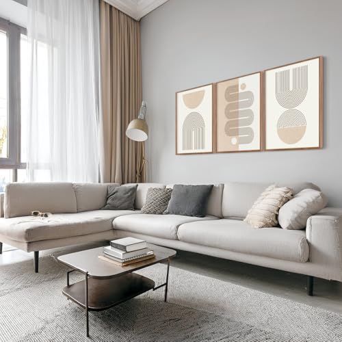 CHDITB Mid-Century Modern Framed Canvas Wall Art Set Of 3, Neutral Art Boho Wall Decor, Beige Geometric Wall Painting, Abstract Minimalist Art Prints For Living Room, Bedroom (12X16 Inch) - color: Abstract line wall art