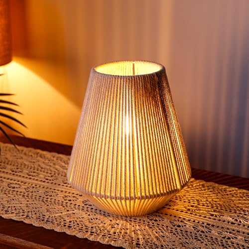JHY DESIGN Woven Lampshade Table Lamp 8"H Cotton Rope Bedside Lamp Cordless Small Battery Operated Lamp Decorative Bedside Lamp with 6 Hours Timer for Bedroom Living Room Weddings Parties Patio Events - color: 8"H Off-white