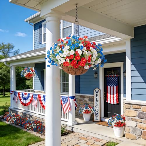 Ammyoo Artificial Fake Hanging Flowers with Basket for Outdoors, Faux Petunias Flowers Fake Hanging Plants with Eucalyptus Realistic UV Resistant for Outside Patio Garden Porch Balcony Yard Decor - color: Red Blue White