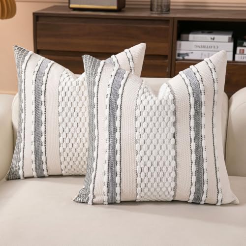 Boho Striped Throw Pillow Covers 18x18 Inch Set of 2 Farmhouse Square Decorative Pillow Covers Chenille Tufted Accent Neutral Pillowcase Black White Cushion Cover for Livingroom Couch Sofa Bed - color: Black White