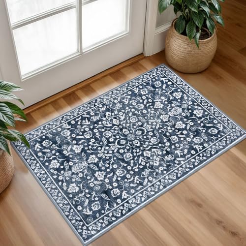 Vintage Entryway Rug Indoor, Navy Washable Rug 2x3, Small Area Rug with Non-Slip Backing, Floral Print Thin Faux Wool Super Soft Door Mat for Kitchen, Entrance, Bedroom, Office - color: Navy and White, size: 2' x 3' (Rectangular)