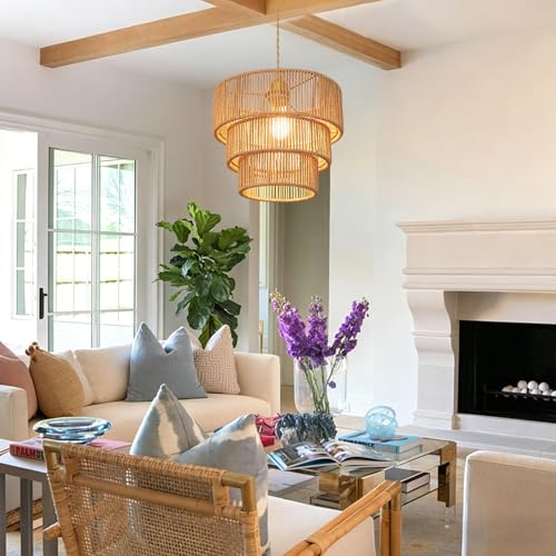 11.8" Gold Rattan Chandelier Boho Woven Pendant Light Fixture Rustic 3-Tier Wicker Hand-Woven Rattan Chandelier for Dining Room Kitchen Island Living Room Bedroom Foyer Entryway - color: 11.8″