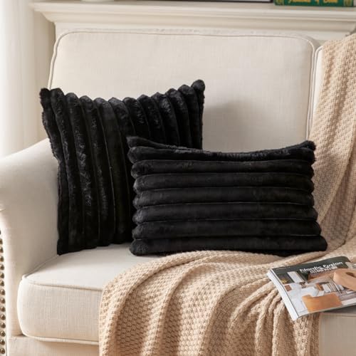 DEELAND Pack of 2,Double-Sided Faux Fur Plush Decorative Throw Pillow Covers Fuzzy Striped Soft Pillowcase Cushion Covers for Sofa Couch Bedroom Black 12x20 inch - color: Black, size: 20" x 12" (Pack of 2)