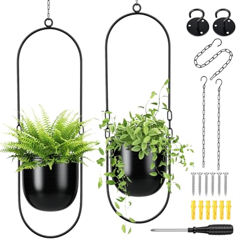 Fumete 2 Set Black Hanging Planters with Chains Metal Plant Hanger Wall Mounted Iron Flower Pot Holder for Indoor Outdoor Plants, Planting Ivy and Fern for Window Porch Balcony and Home Decor