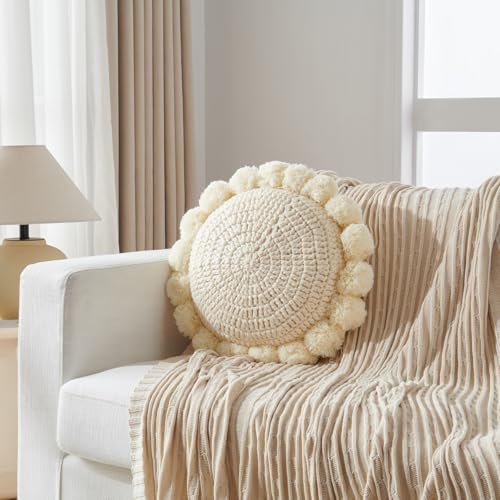 Boho Round Throw Pillow Accent Pillows for Bed Circle Pillow Covers with Insert Decorative Chunky Knit Pillow Cute Pom Sun Flower Funky Unique Decor Couch Bedroom Living Room Nursery 18x18 - size: 18 x 18-Inch