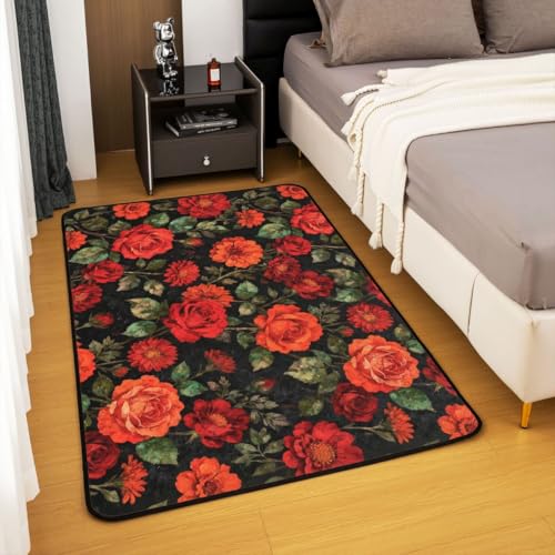 Erosebridal Vintage Dark Floral Area Rug 6'6" x 4'11" Red Orange Peony Living Room Rugs Garden Flower Decorative Carpet Black Romantic Indoor Floor Mat - color: Black Red, size: 4'11" x 6'6" (Rectangular)