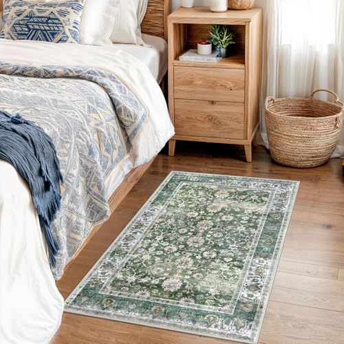 KUTA Vintage Floral Green Entryway Rug 2x3, Kitchen Rugs Non-Slip Washable Throw Rug, Ultra Thin Soft Print Front Door Mat Indoor Doormat for Entrance, Bedside, or Small Spaces - color: Green, size: 2' x 3' (Rectangular)