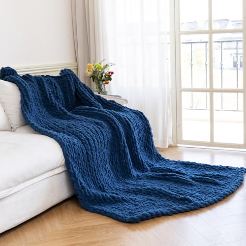 Chunky Knit Blanket - Luxury Soft Cozy 60 * 80 Throw Blanket,100% Woven Blanket Rope Knot Throw Blanket for Couch, Sofa, Home Decor, Gift - Machine Washable (Deep Blue, 60 * 80) - color: Deep Blue, size: 60*80