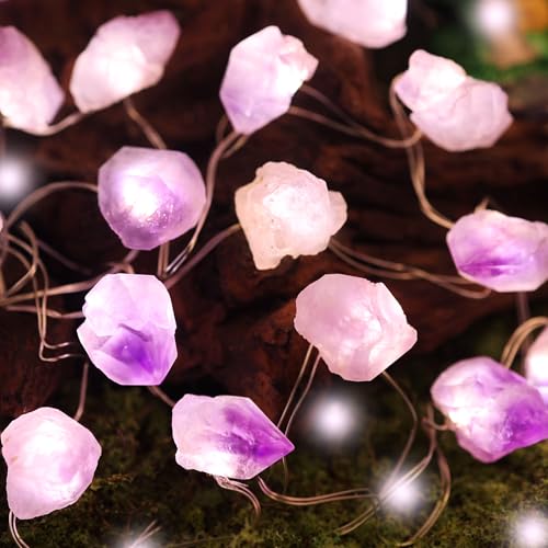 Genuine Amethyst Crystal Fairy Lights, Natural Healing 20 Raw Stones String of Lights 6.5ft Remote Control USB Plug in for Reiki Ornaments Bedroom Wedding Decoration
