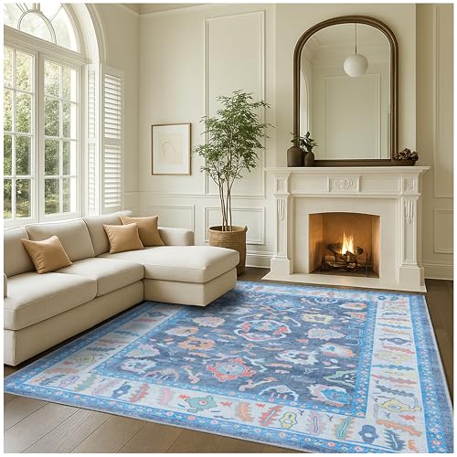 Fame Rugs Blue Modern Oushak Rug 8x10, Vintage Turkish Colorful Oriental Washable Antique Inspired Large Area Rugs, Luxury Living Room Bedroom (387BNB, 7'6 x 10') - color: 387bnb, size: 7'6" x 10' (Rectangular)