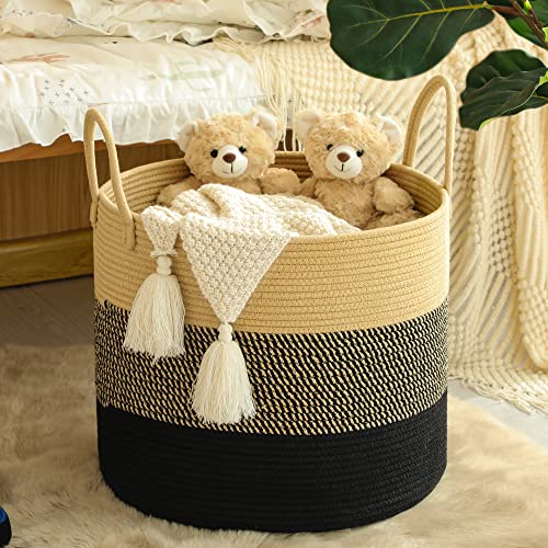 KAKAMAY Large Blanket Basket (18"x18"x16"),Woven Baby Laundry Hamper for Storage, Cotton Rope Blankets Baskets for Nursery, Laundry, Living Room, Pillows, Baby Toy Chest with Handles (Black) - color: Black