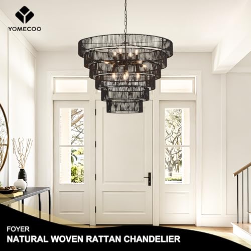 31.49" Large Rattan Black Chandelier for Dining Room, Farmhouse 12-Lights Boho Hand-Woven Bamboo Chandelier, Drum Wicker Black Chandeliers for Kitchen Island, Living Room, Bedroom, Entryway - color: Black 31IN