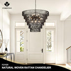 31.49" Large Rattan Black Chandelier for Dining Room, Farmhouse 12-Lights Boho Hand-Woven Bamboo Chandelier, Drum Wicker Black Chandeliers for Kitchen Island, Living Room, Bedroom, Entryway - color: Black 31IN