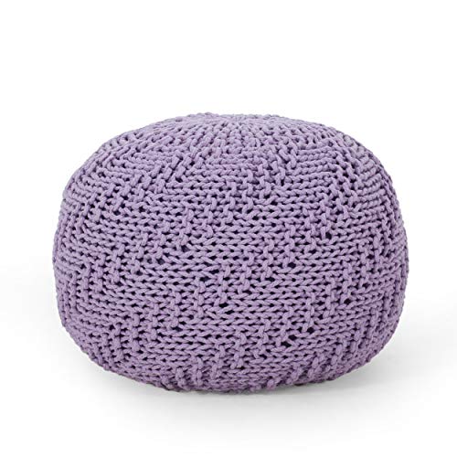 Round Boho Pouf Ottoman - Cable Knitted Cord Boho Pouffe - Stuffed Poof Accent Beanbag Footrest for Living Room - Nursery - Bedroom - Covered Patio - Study Nook (20"x20"x13") (Lavender) - color: Lavender