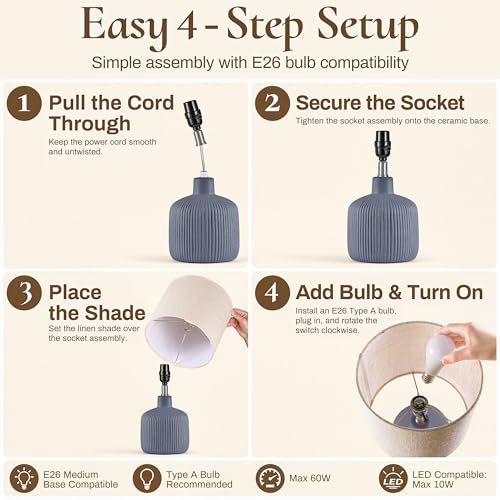 Ceramic Table Lamp, 17.75" Nautical Bedside Lamp with Beige Linen Shade, Warm Ambient Nightstand Lighting for Beach House, Navy Blue - color: Blue