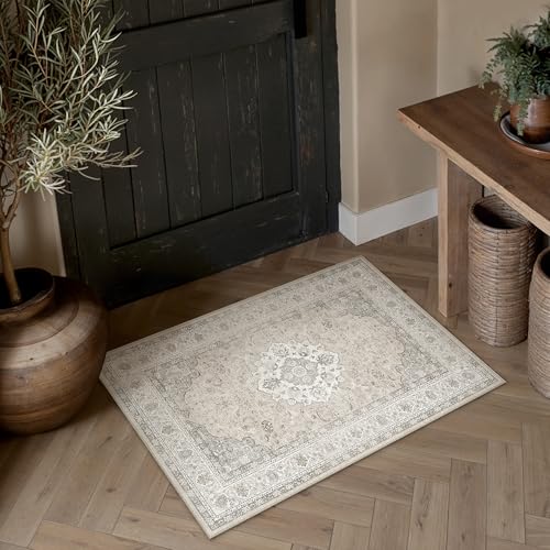 2x3 Neutral Washable Vintage Runner Rug for Living Room Bedroom Beige Brown Soft Non Slip Thin Throw Rug Lightweight Floral Low Pile Distressed Carpet Doormat Kitchen Entrance Hallway Laundry - color: Vintage | Beige Brown, size: 2'x3'