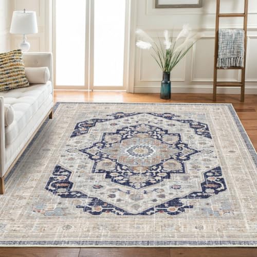 Boho Vintage Collection Tribal Area Rugs,Bohemia Distressed Medallion Farmhouse Indoor Floor Carpet Non-Slip Low Pile Washable Oriental Throw Accent Rug for Bedroom Living Dining Room 5' X 7' - color: Blue/Cream, size: 5' X 7'