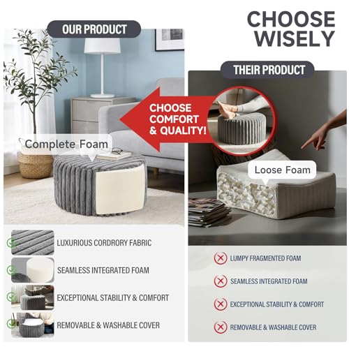 Tiita Round Stuffed Pouf Ottoman, Stripe Faux Fur Poufs with Foam Chunk Filling, Furry and Fluffy Pouf 21×21×12 inch Foot Stool Storage Ottoman,Puff Office Foot Rest for Couch Living Room, Grey - color: Striped Round Grey
