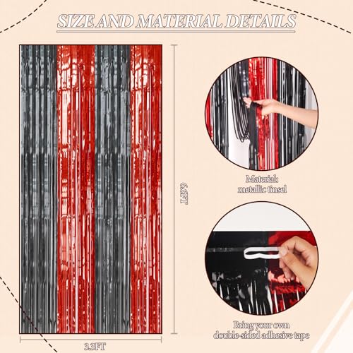 DECOCKRAT 2 Pack Foil Fringe Backdrop - Red&Black Shiny Tinsel Curtains for Party Decoration/Photo Booth Props - 3.3x6.6 FT Metallic Foil Backdrop for Birthday, Wedding, Graduation, Christmas. - color: Red Black