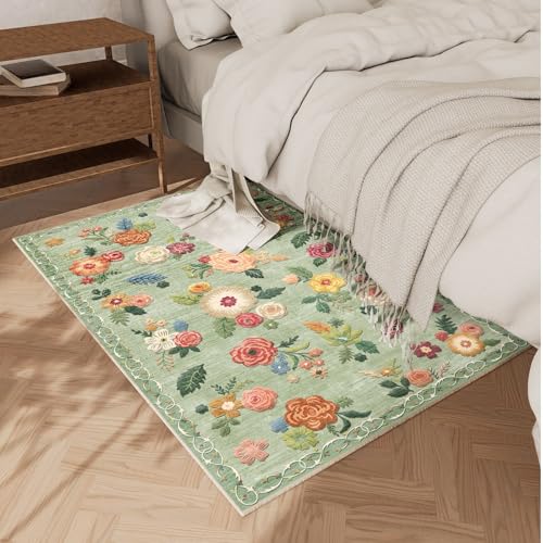 2x3 Washable Small Rugs for Entryway: Area Rug Non Slip Door Mat Indoor Entrance Low Pile Soft Faux Wool Non Shedding Lightweight Distressed Throw Rugs for Front Door Bedroom Bathroom Kitchen Entry - color: Green Floral, size: 2' x 3' (Rectangular)