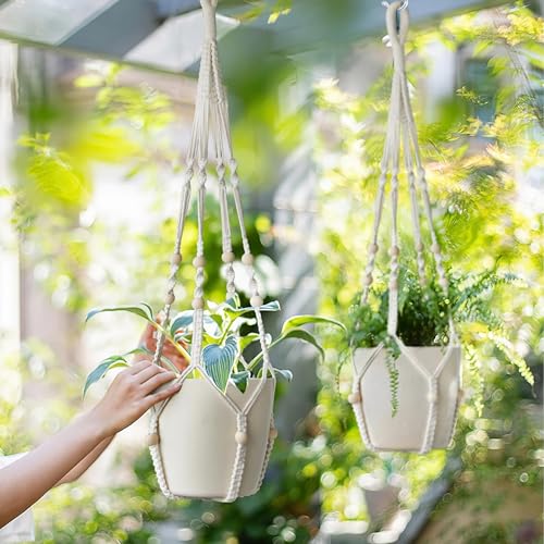 LEWESU Macrame Plant Hanger Indoor Set of 4 with 8 Hooks, Indoor Outdoor Hanging Planter for Plants Holder with Decorative Wood Beads & No Tassels, Boho Home Decor, 35 Inch Ivory (Pots Not Included) - color: Ivory, size: 35" Set of 4