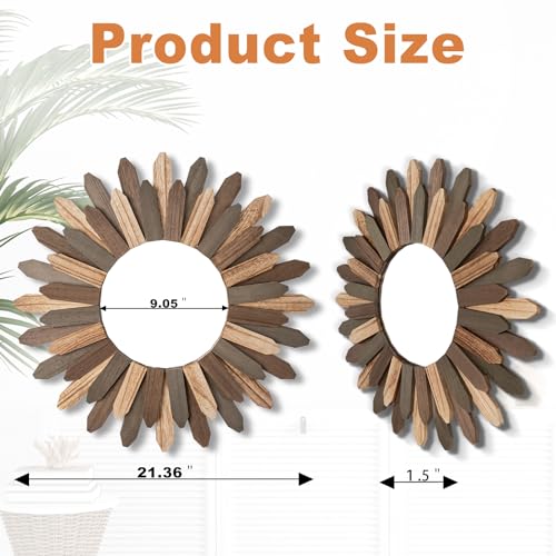 Emfogo Wall Mirror 21 inch Large Rustic Wood Boho Mirror Wall Decor Boho Room Decor Home Decor Aesthetic Farmhouse Decor for Bedroom Living Room Entryway(Tri-Color) - color: Tri-color, size: 21"L x 21"W