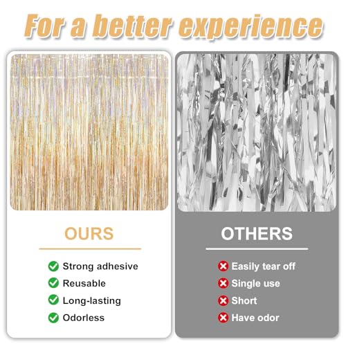 Crosize 2 Pack 3.3 x 9.9 ft Laser Champagne Gold Foil Fringe Curtains Party Decorations,Tinsel Curtain Backdrop for Parties, Door Streamers, Glitter Streamer Backdrop for Birthday Decoration - color: Laser Champagne Gold, size: 2 Pack