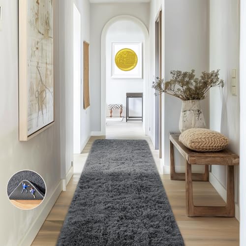 Ophanie 2x6 Washable Runner Rug for Hallway,Non-Slip Fluffy Soft Bedside Rugs, Bedroom Living Room Grey Shaggy Gray Carpet for Kids Girls Boys Dorm Nursery Home Decor Aesthetic - color: 1- Grey, size: 2' x 6' (Rectangular)