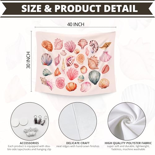 WAITPI Ocean Seashell Coastal Tapestry Wall Hanging for Bedroom, Pink Wall Tapestries, Pink Coastal Wall Hanging Room Decor Tapestry for Girls Women Home Living Room Dorm 40x30 inches - size: 40"L x 30"W