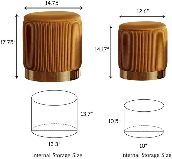 Round Ottoman with Storage Set of 2 Upholstered Velvet Vanity Stool for Living Room Storage Ottoman Multifunctional Foot Rest for Bedroom (Orange)